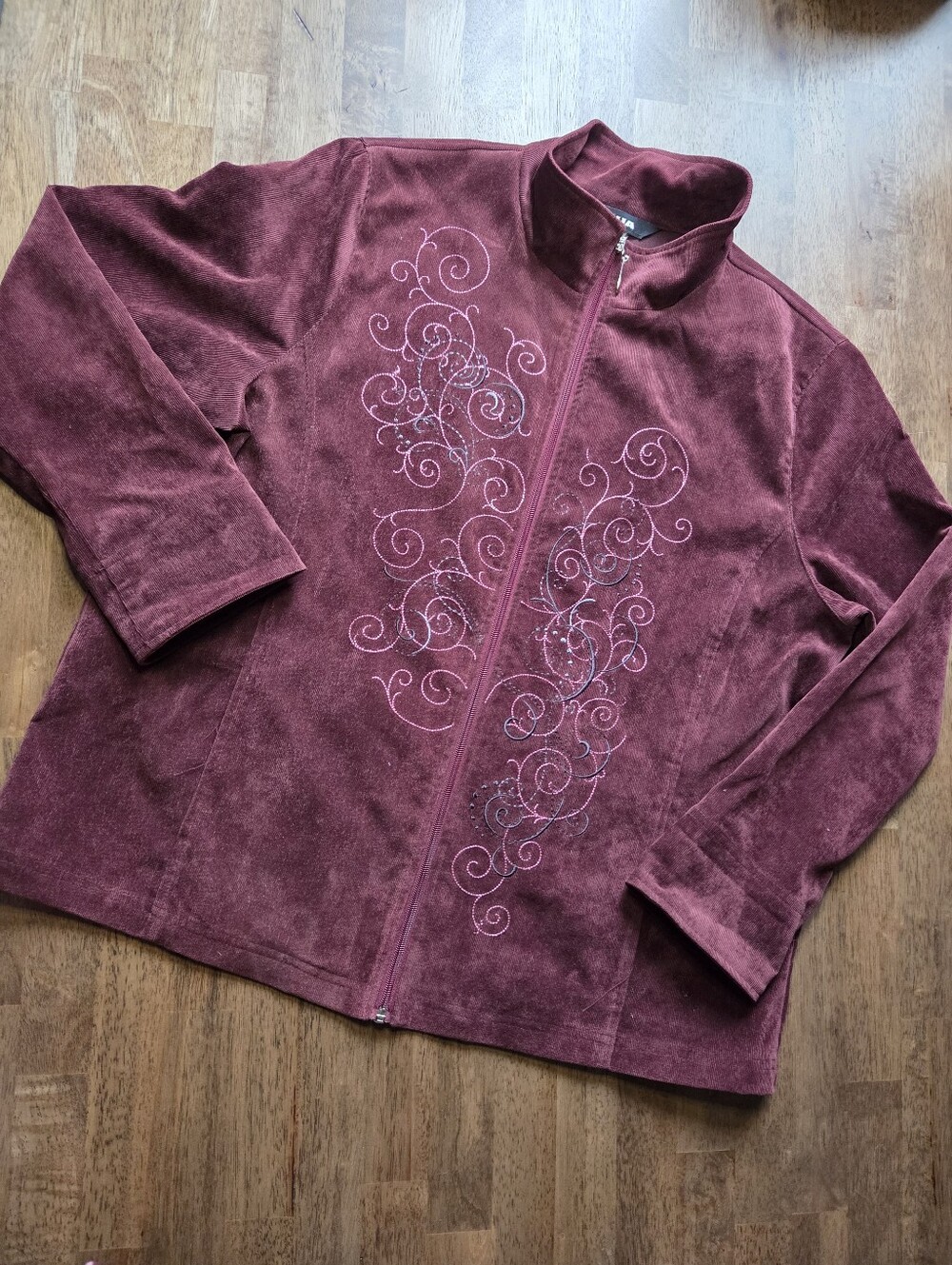 Merlot Corduroy Zip-Front Jacket with Embroidered Swirl Design